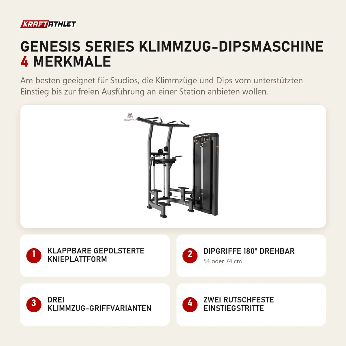 Titanium Strength Genesis Series Klimmzug-Dipsmaschine mit 4 Merkmalen: Klappbare gepolsterte Knieplattform, Dipgriffe 180° drehbar, Drei Klimmzug-Griffvarianten, Zwei rutschfeste Einstiegstritte