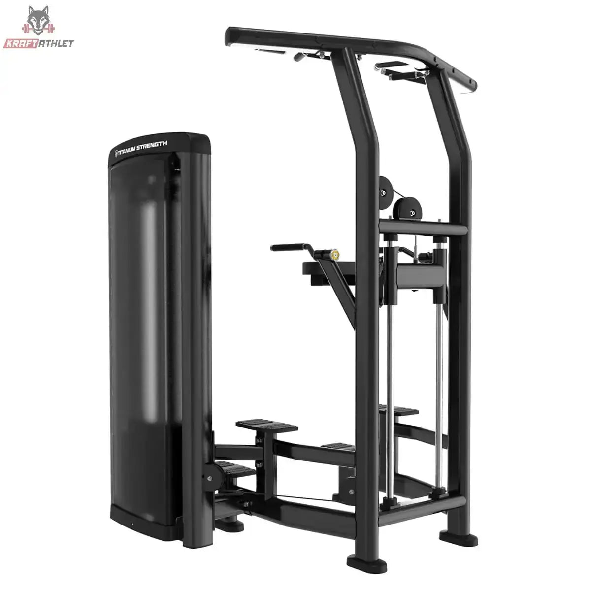Titanium Strength Genesis Series Klimmzug-Dipsmaschine von hinten schräg mit Klimmzugbügel, Kniepolster und Gewichtsturm in Schwarz