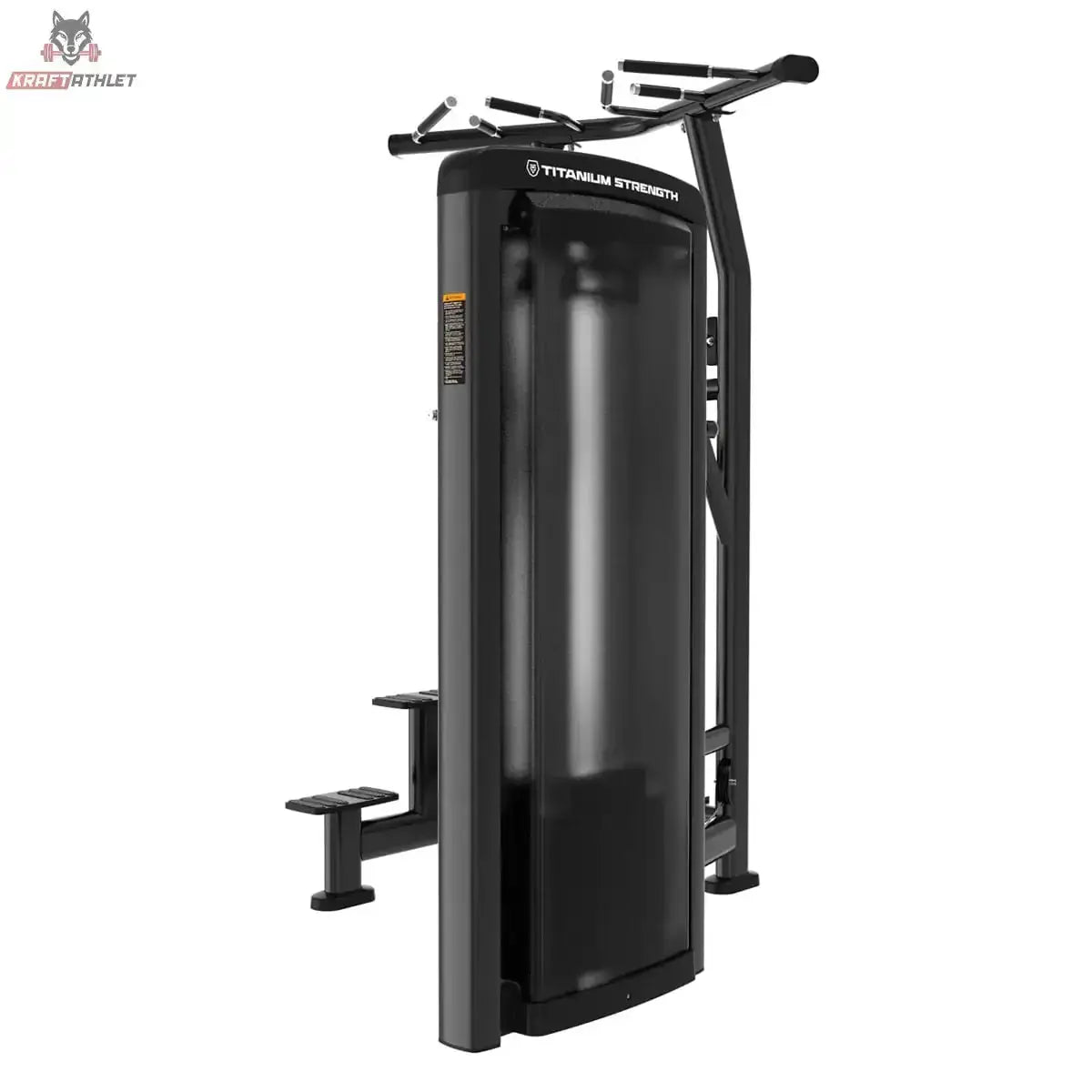 Titanium Strength Genesis Series Klimmzug-Dipsmaschine in Rückansicht schräg mit Gewichtsturm-Verkleidung und Trittstufe in Schwarz