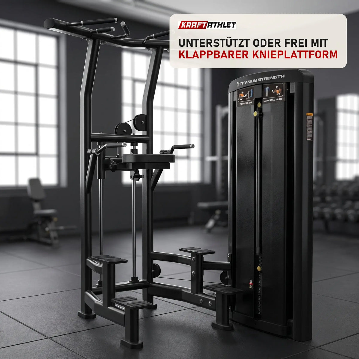 Titanium Strength Genesis Series Klimmzug-Dipsmaschine in einem fertig eingerichteten Studio mit dunklen Wänden und Gummiboden