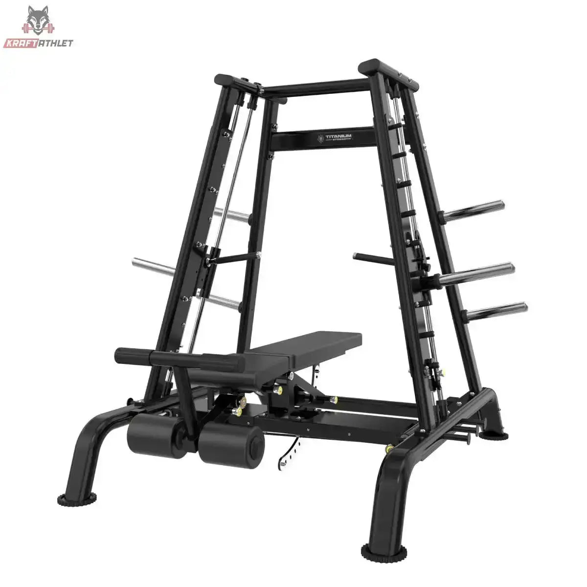 Titanium Strength Genesis Series Konvergierende Smith Multipresse – Frontansicht mit Bank vor dem A-Rahmen