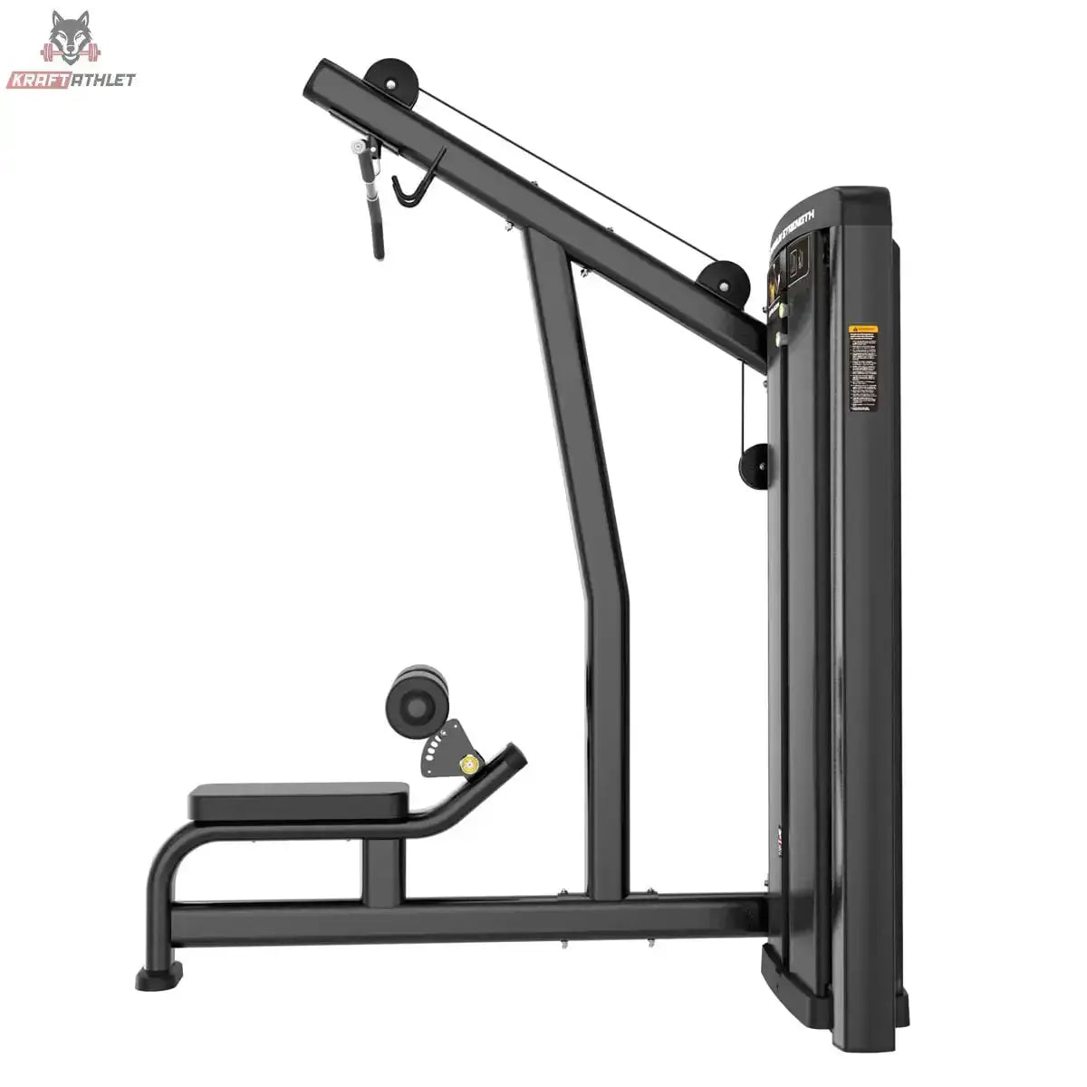 Titanium Strength Genesis Series Latzugmaschine in Seitenansicht mit Zugarm, Sitz und Beinfixierung in Schwarz