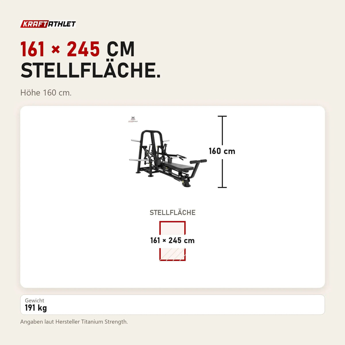 Maßbild Titanium Strength Genesis Series Laydown Chest Press: Stellfläche 161 × 245 cm, Höhe 160 cm