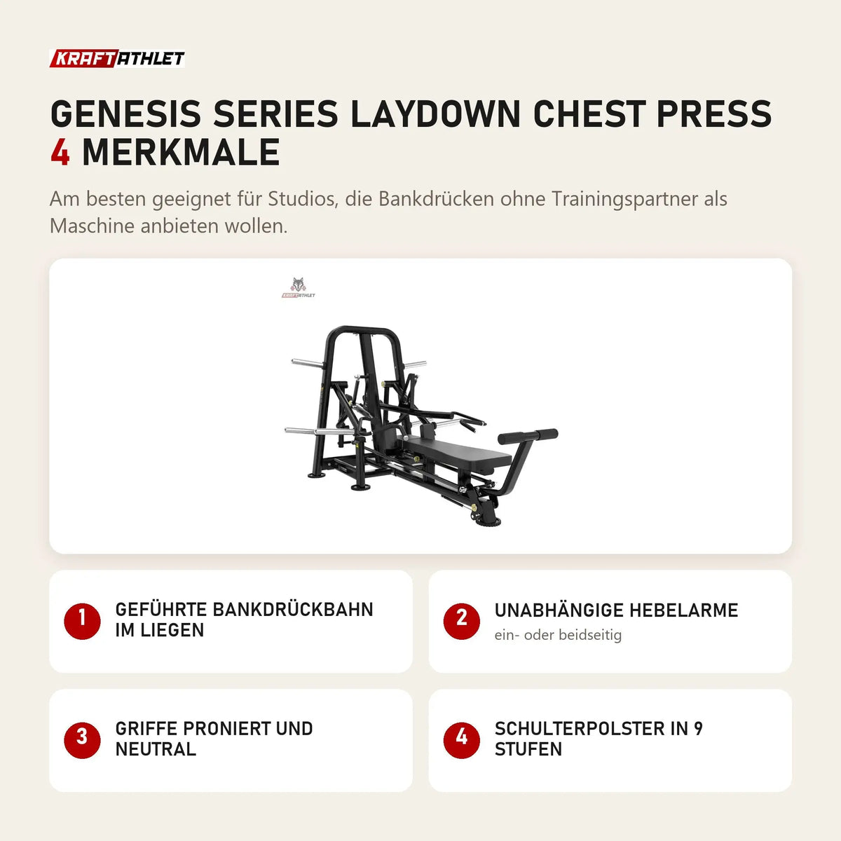 Titanium Strength Genesis Series Laydown Chest Press mit 4 Merkmalen: Geführte Bankdrückbahn im Liegen, Unabhängige Hebelarme, Griffe proniert und neutral, Schulterpolster in 9 Stufen