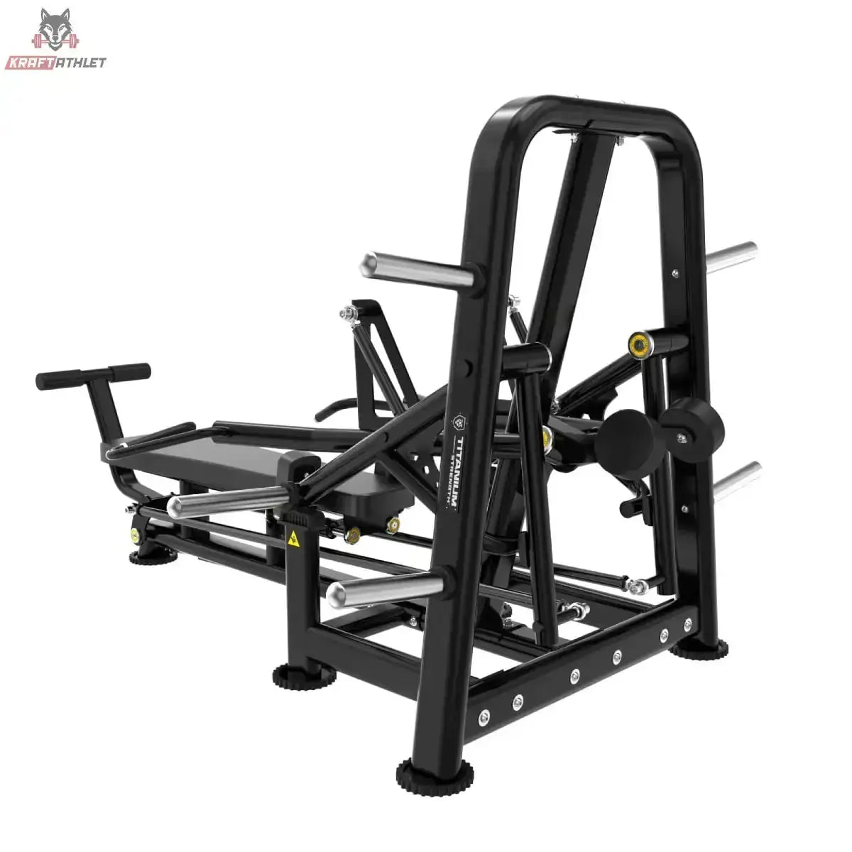 Titanium Strength Genesis Series Laydown Chest Press – Schrägansicht von hinten links mit Hebelarmen, schwarz