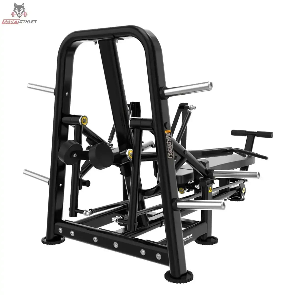 Titanium Strength Genesis Series Laydown Chest Press – Schrägansicht von hinten mit Rahmen und Scheibenaufnahmen, schwarz