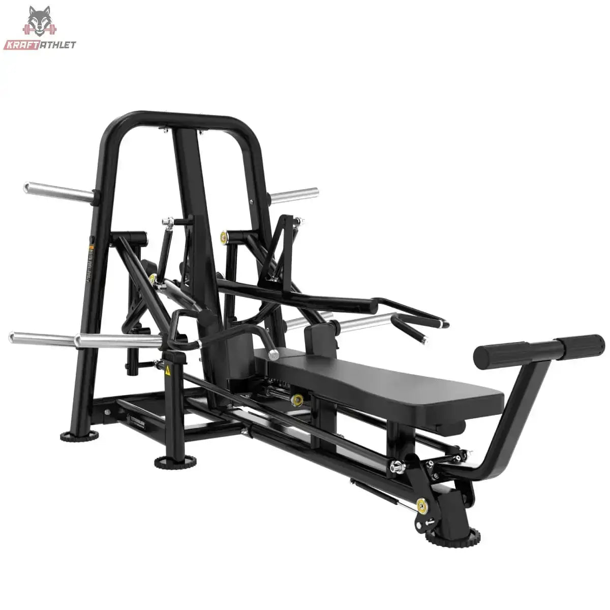 Titanium Strength Genesis Series Laydown Chest Press – Schrägansicht von vorne rechts mit Liegebank und Hebelarmen, schwarz