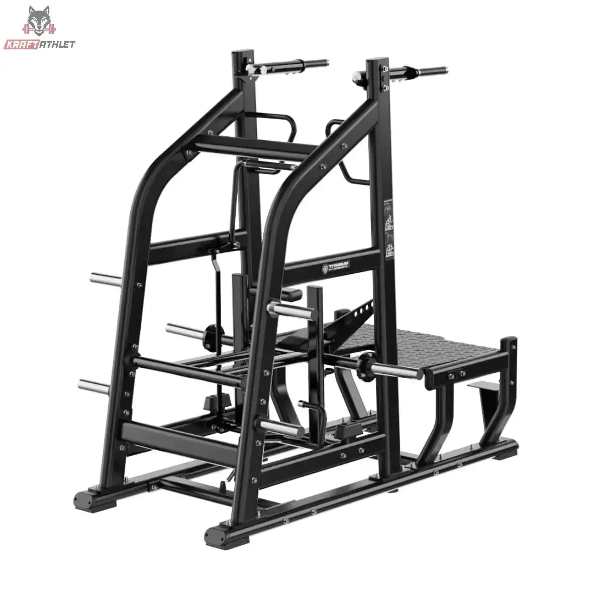Titanium Strength Genesis Series Multi Belt Squat in seitlicher Schrägansicht mit Hebelarm und Plattform