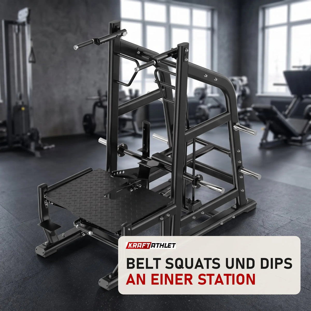 Titanium Strength Genesis Series Multi Belt Squat in einem fertig eingerichteten Studio mit dunklen Wänden und Gummiboden