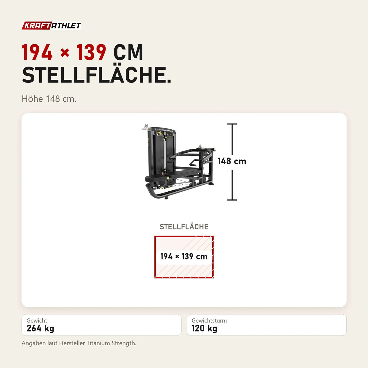 Maßbild Titanium Strength Genesis Series Multipress 3 Funktionen: Stellfläche 194 × 139 cm, Höhe 148 cm