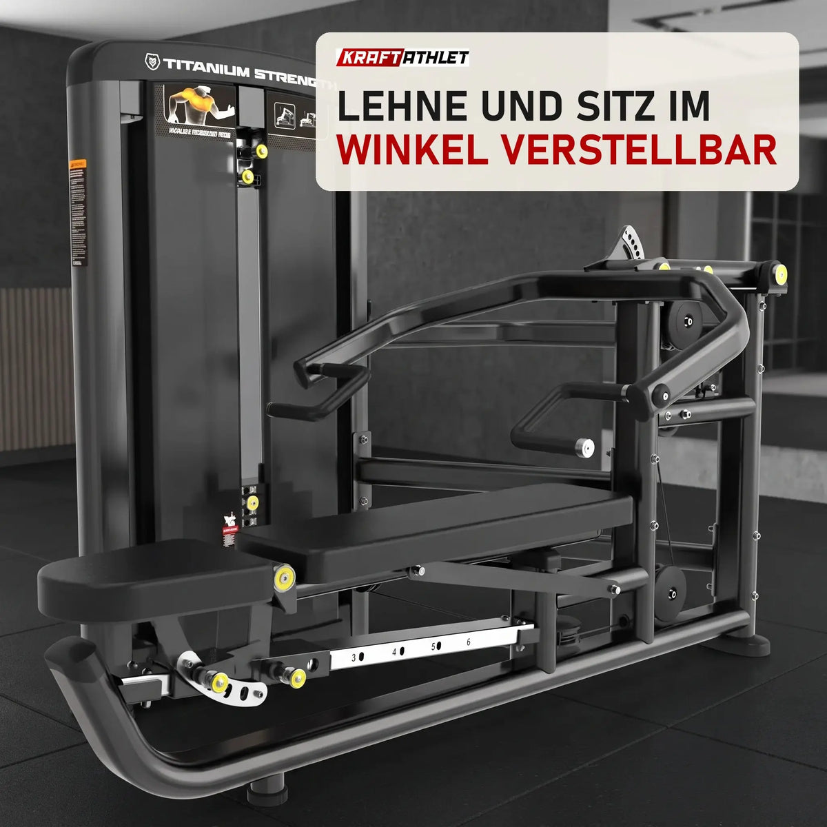 Titanium Strength Genesis Series Multipress 3 Funktionen in einem fertig eingerichteten Studio mit dunklen Wänden und Gummiboden