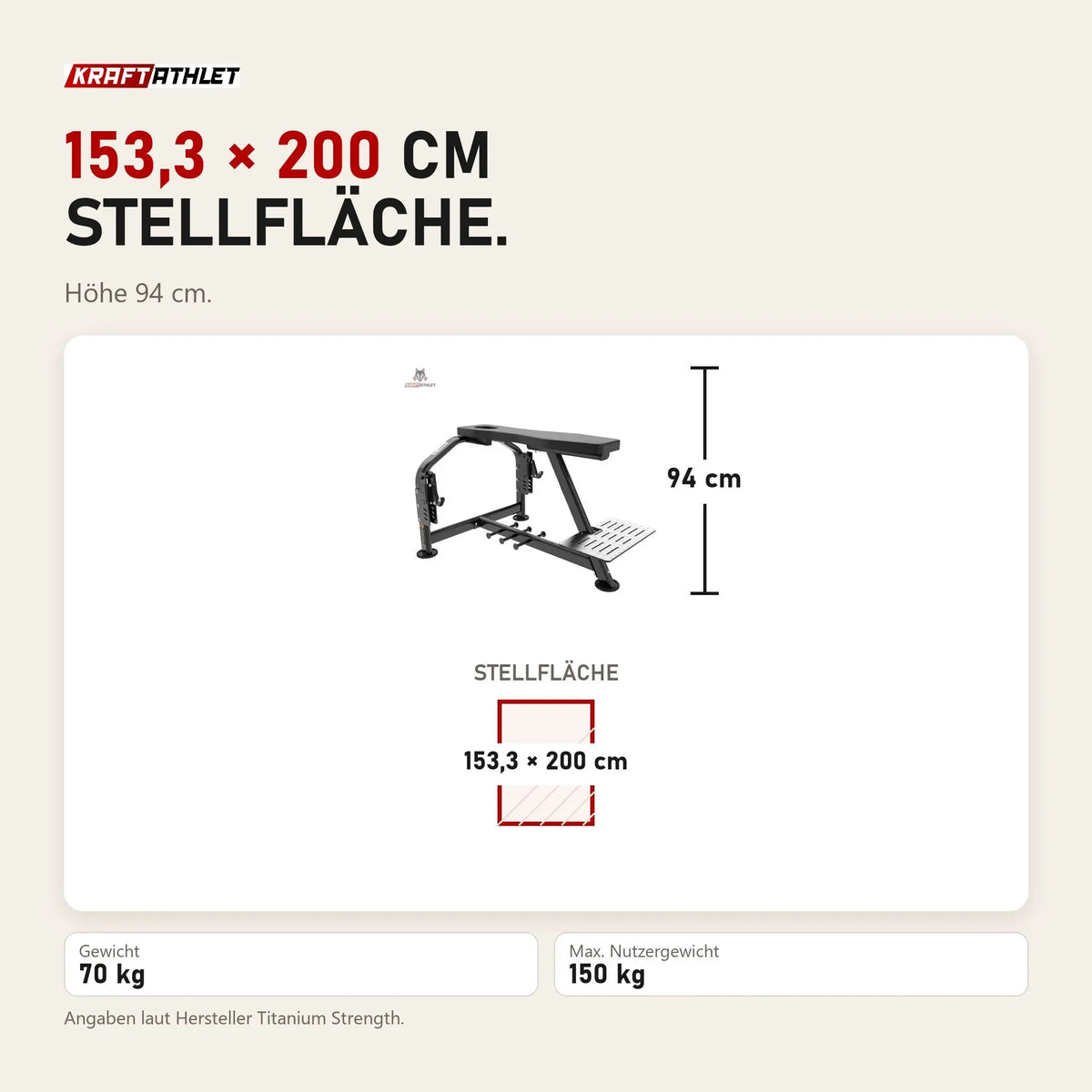 Maßbild Titanium Strength Genesis Series Seal Row Bench: Stellfläche 153,3 × 200 cm, Höhe 94 cm