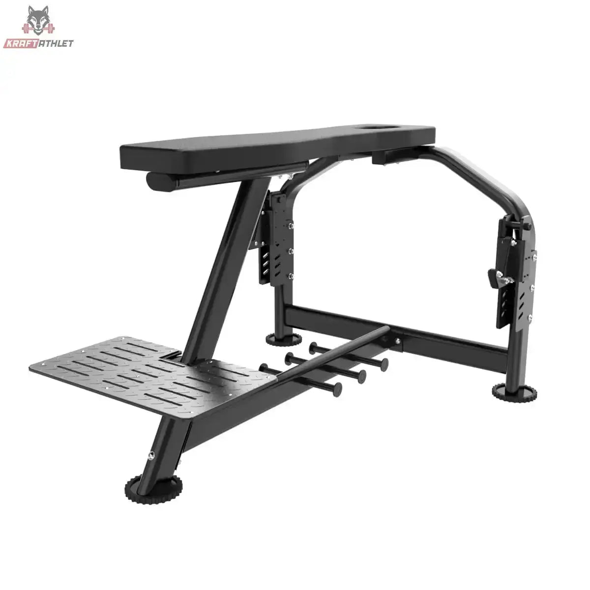 Titanium Strength Genesis Series Seal Row Bench – Schrägansicht von hinten mit Trittplatte und Querstreben