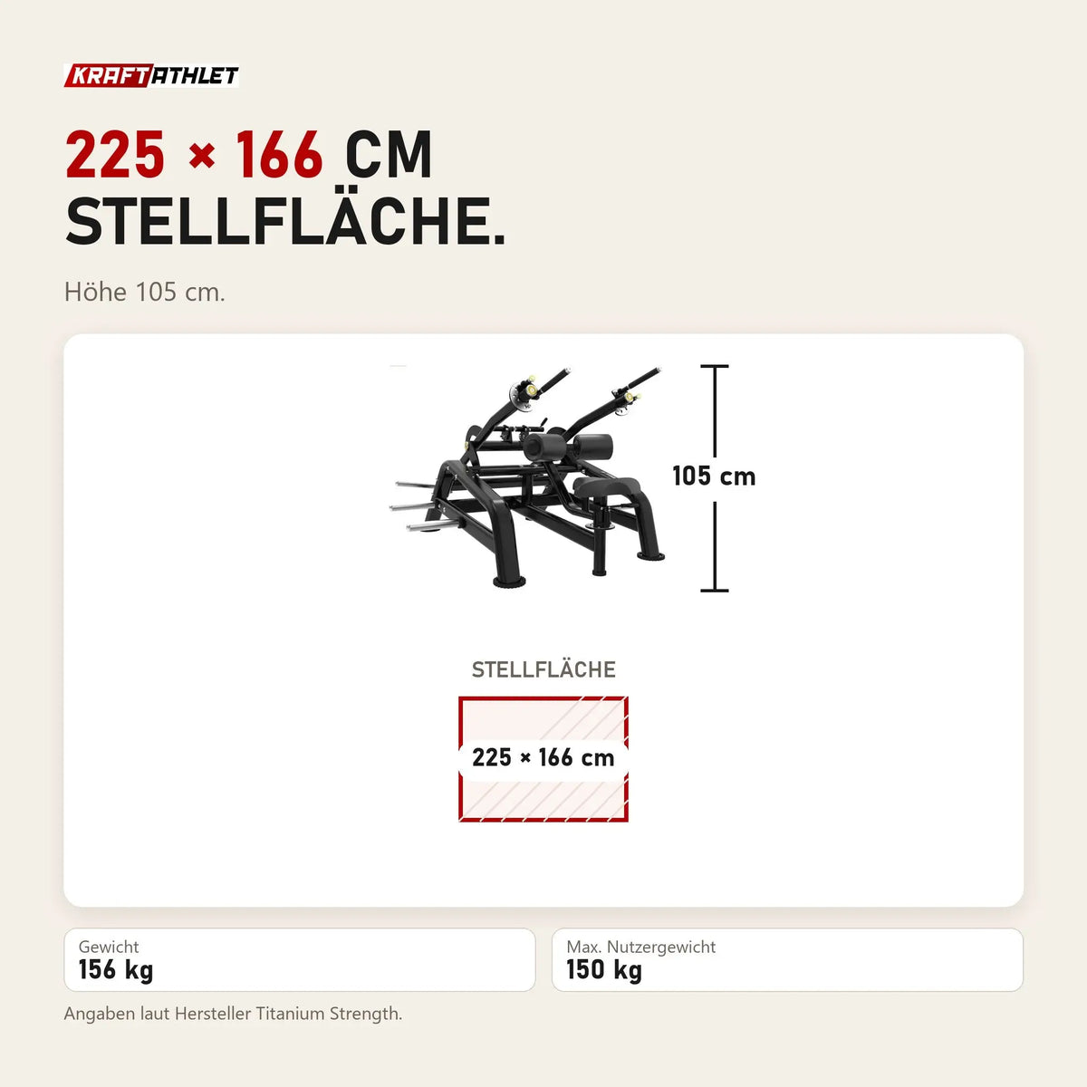 Maßbild Titanium Strength Genesis Series Seated Dip: Stellfläche 225 × 166 cm, Höhe 105 cm