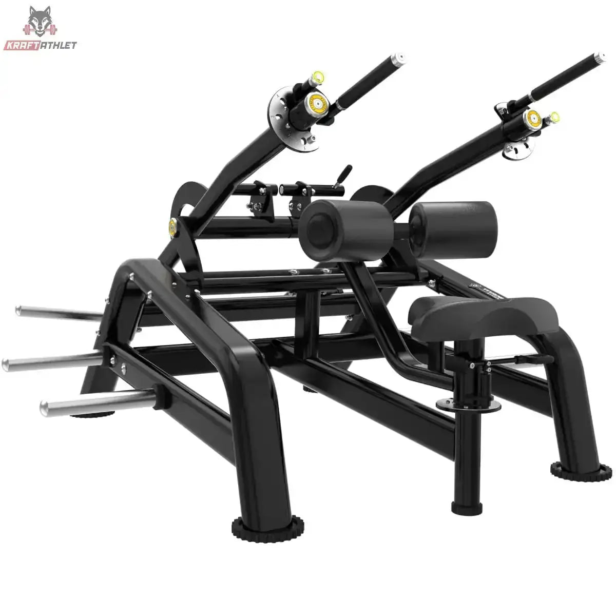 Titanium Strength Genesis Series Seated Dip – Schrägansicht mit Beinpolstern, Sitz und langen Hebelarmen, schwarz