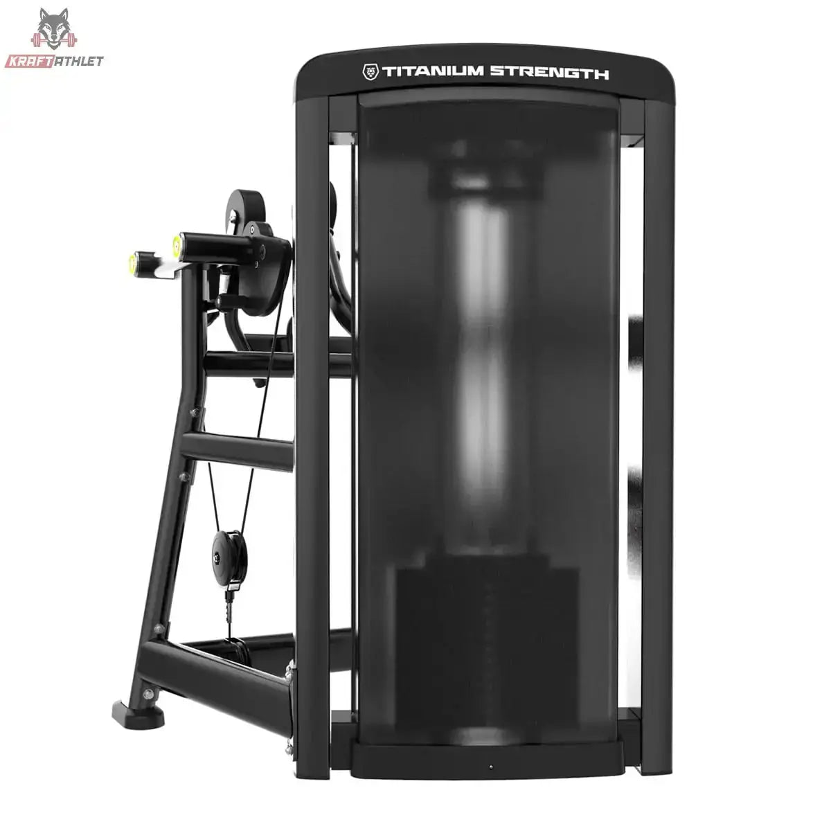 Titanium Strength Genesis Series Einarmige Seithebemaschine Rückseite mit verkleidetem Gewichtsturm und Hebelarm in Schwarz