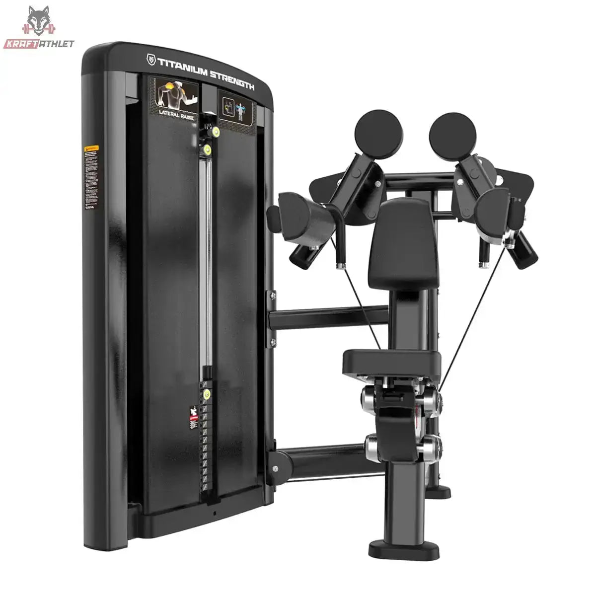 Titanium Strength Genesis Series Einarmige Seithebemaschine in Schrägansicht mit zwei Armpolstern, Sitz und Gewichtsturm in Schwarz