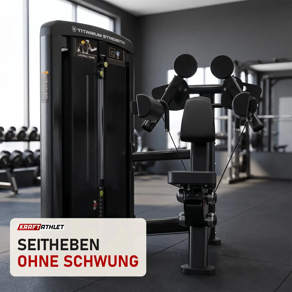 Titanium Strength Genesis Series Einarmige Seithebemaschine in einem fertig eingerichteten Studio mit dunklen Wänden und Gummiboden