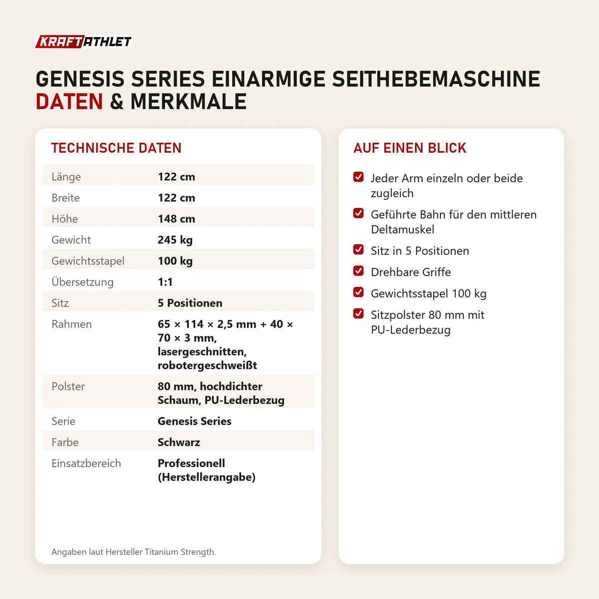 Technische Daten und Merkmale von Titanium Strength Genesis Series Einarmige Seithebemaschine als Tabelle