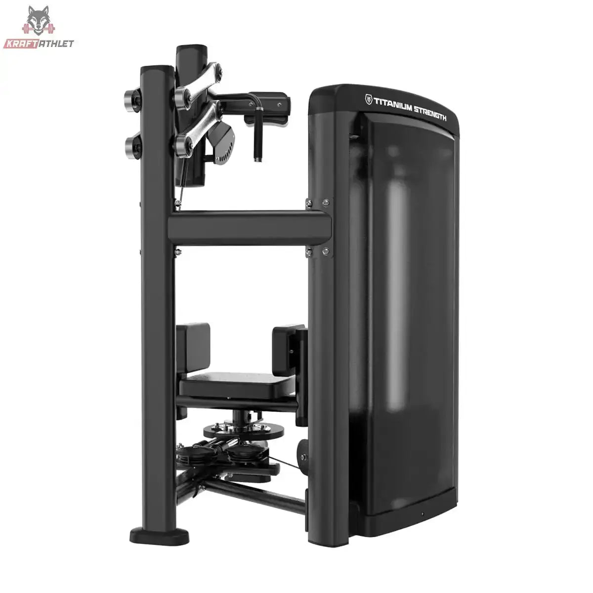 Titanium Strength Genesis Series Torso Rotation von vorne mit Sitz, Schulterpolstern und verkleidetem Gewichtsturm in Schwarz