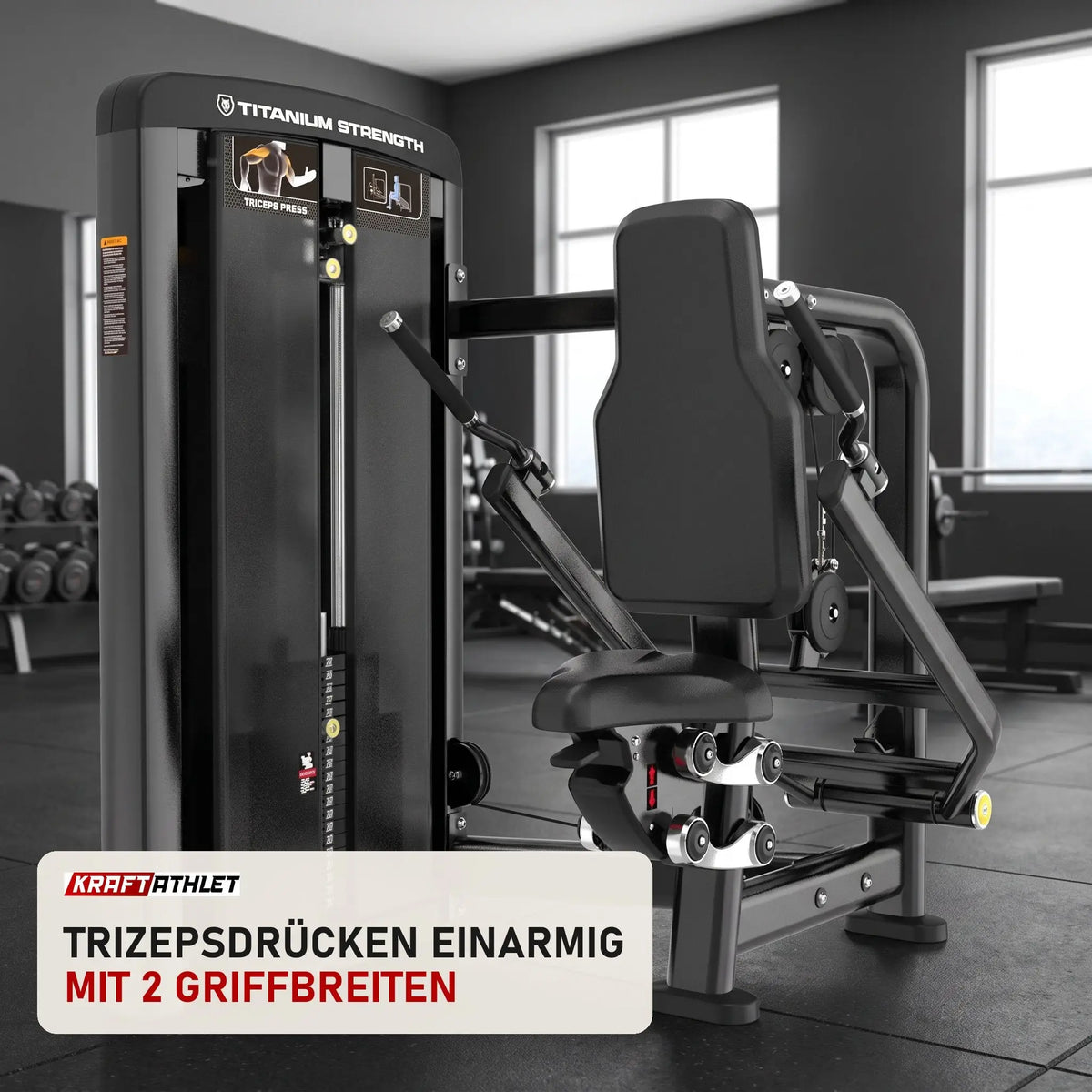 Titanium Strength Genesis Series Einarmige Trizeps-Dips in einem fertig eingerichteten Studio mit dunklen Wänden und Gummiboden