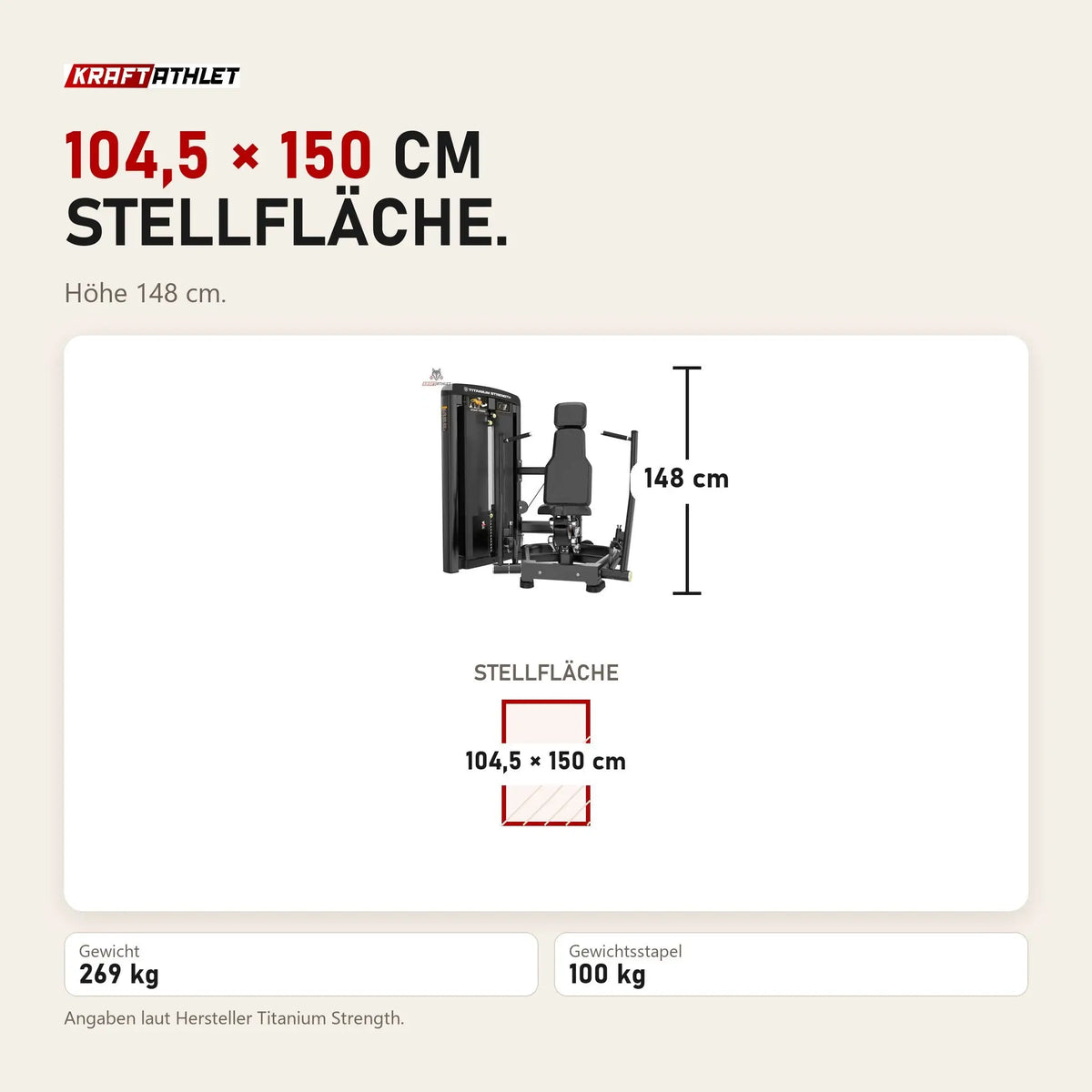 Maßbild Titanium Strength Genesis Series Unilaterale Vertikale Brustpresse: Stellfläche 104,5 × 150 cm, Höhe 148 cm