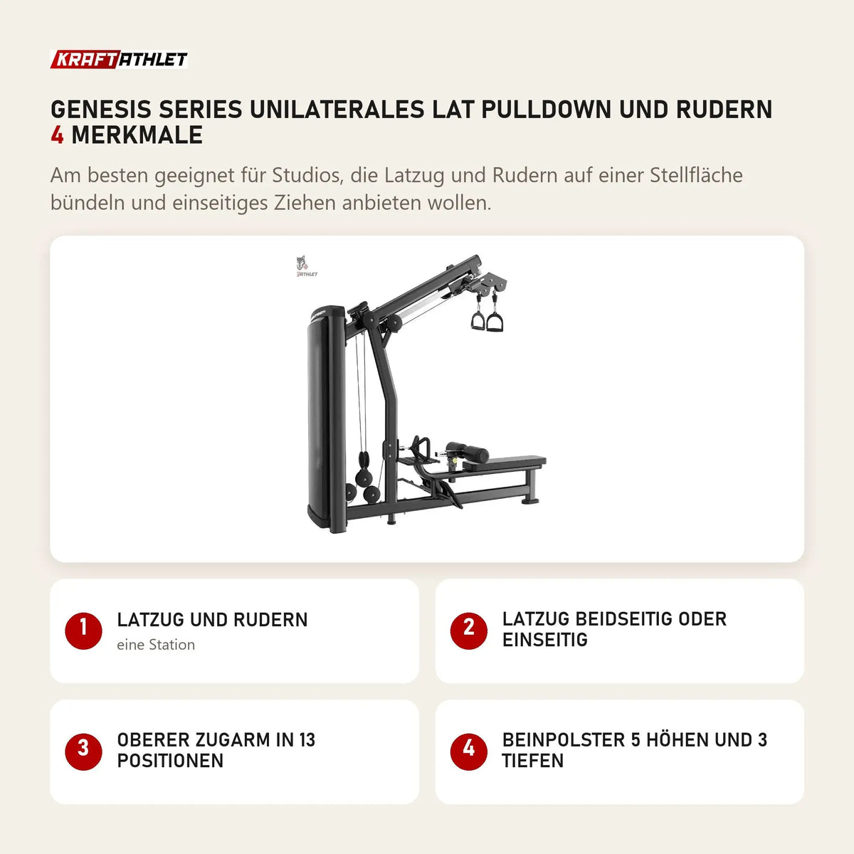 Titanium Strength Genesis Series Unilaterales Lat Pulldown und Rudern mit 4 Merkmalen: Latzug und Rudern, Latzug beidseitig oder einseitig, Oberer Zugarm in 13 Positionen, Beinpolster 5 Höhen und 3 Tiefen