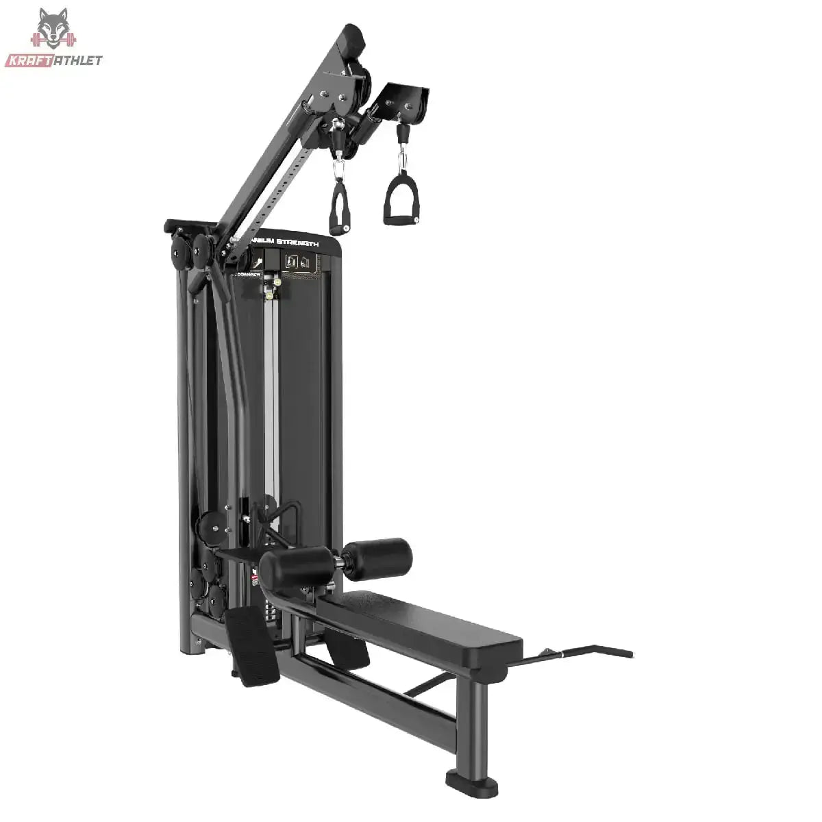Titanium Strength Genesis Series Unilaterales Lat Pulldown und Rudern in Schwarz, Seitenansicht von hinten mit Seilführung