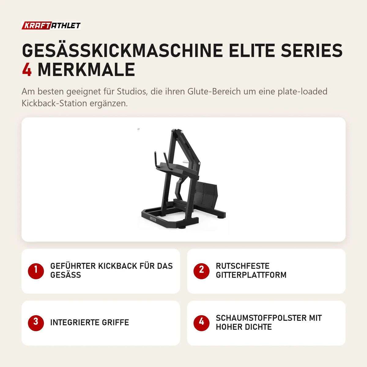 Titanium Strength Gesäßkickmaschine Elite Series mit 4 Merkmalen: Geführter Kickback für das Gesäß, Rutschfeste Gitterplattform, Integrierte Griffe, Schaumstoffpolster mit hoher Dichte