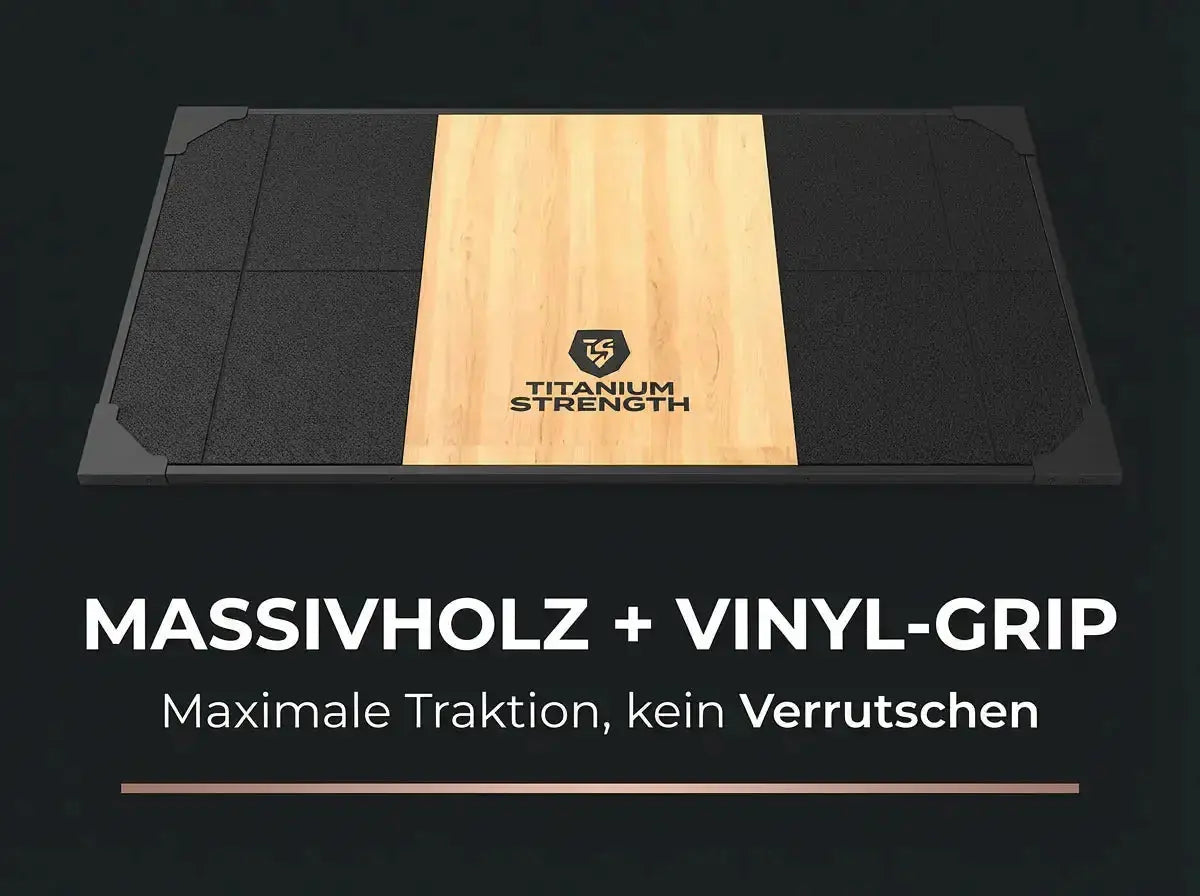 Titanium Strength Gewichtheberplattform TP60 in der Draufsicht mit Holzfläche und Logo als Infografik zur Oberfläche