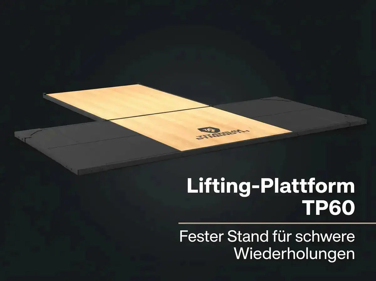 Titanium Strength Gewichtheberplattform TP60 als Infografik zur Lifting-Plattform auf dunklem Hintergrund