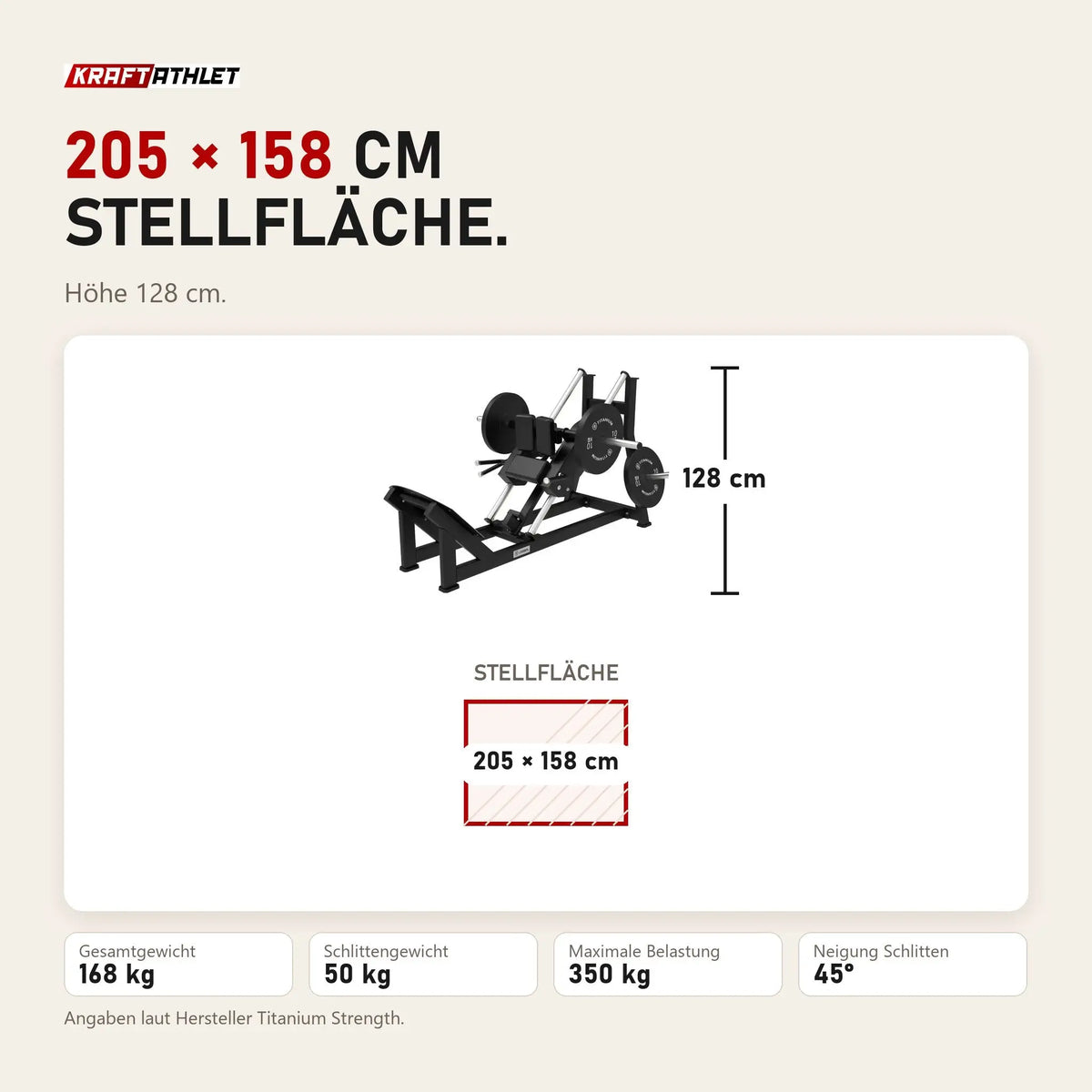 Maßbild Titanium Strength Hack Squat Elite Series: Stellfläche 205 × 158 cm, Höhe 128 cm