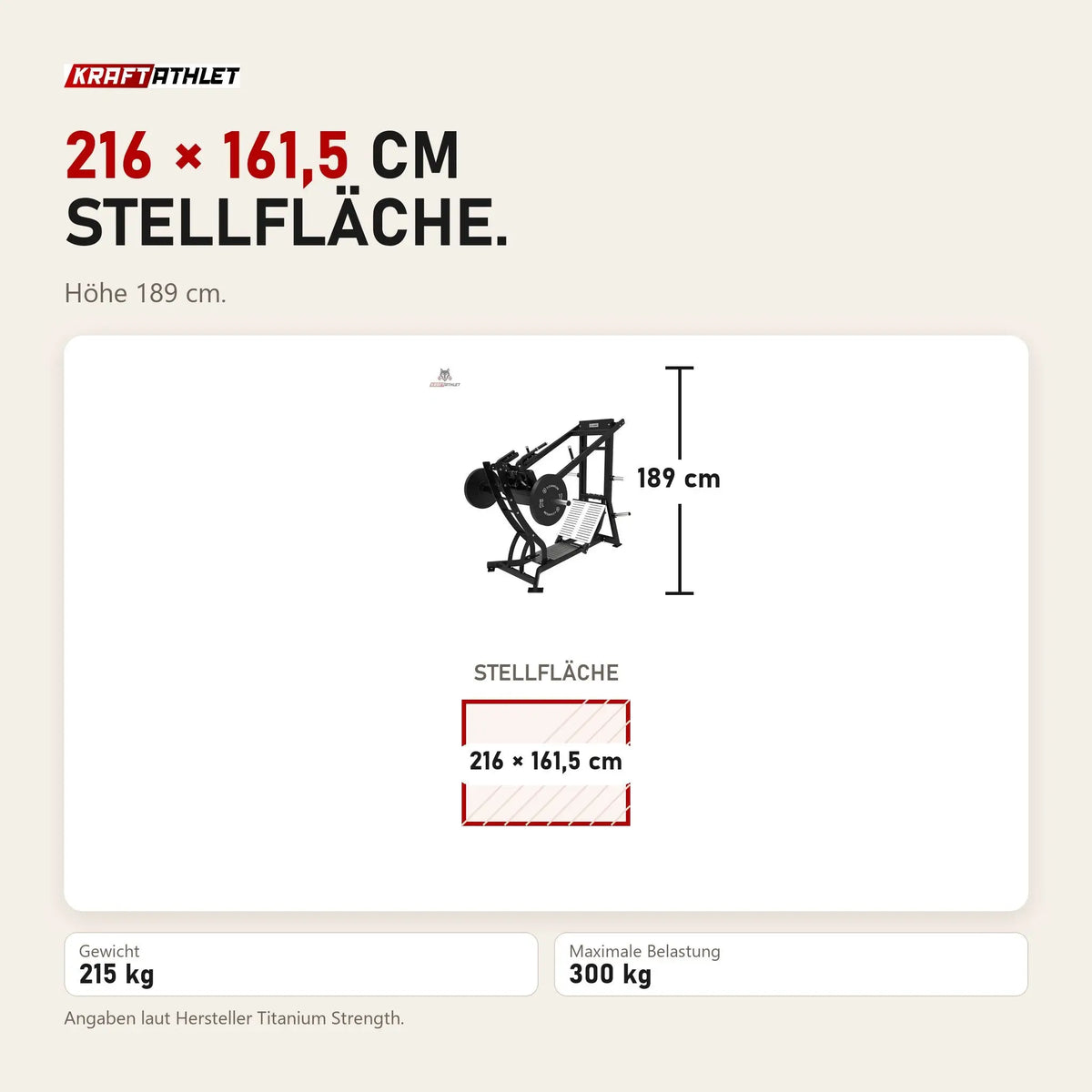 Maßbild Titanium Strength Hack Squat Pendulum Pro Elite Series: Stellfläche 216 × 161,5 cm, Höhe 189 cm