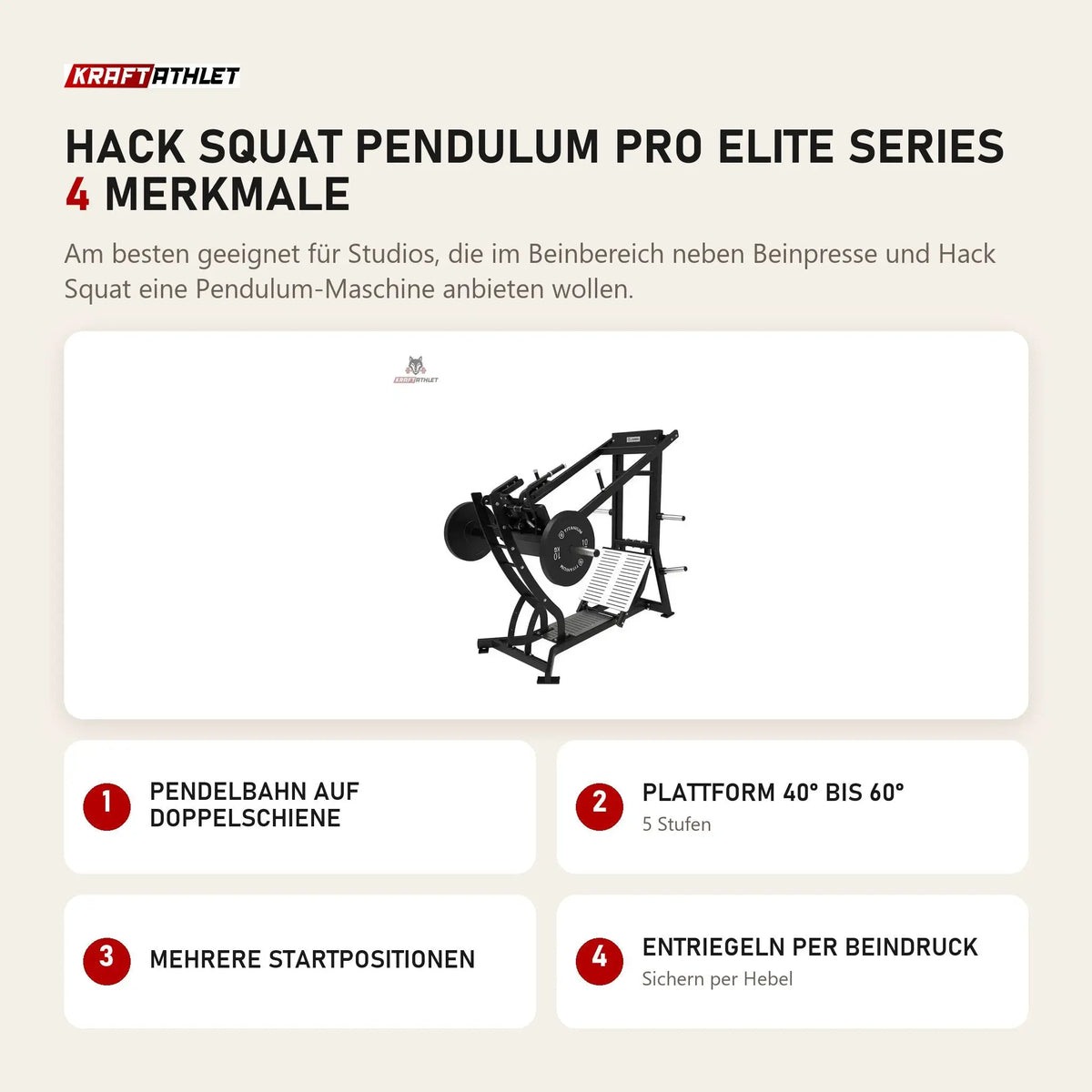 Titanium Strength Hack Squat Pendulum Pro Elite Series mit 4 Merkmalen: Pendelbahn auf Doppelschiene, Plattform 40° bis 60°, Mehrere Startpositionen, Entriegeln per Beindruck