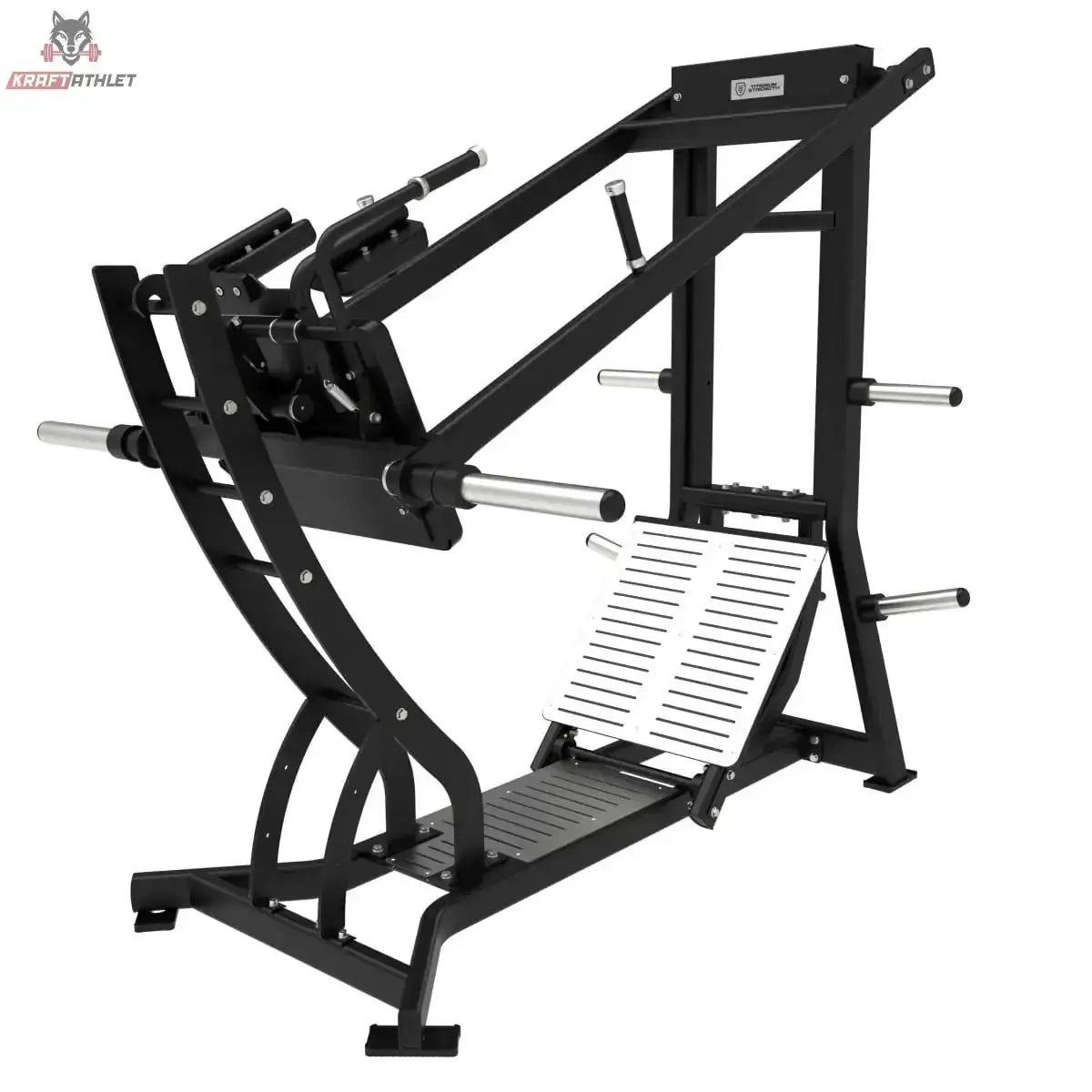 Titanium Strength Hack Squat Pendulum Pro Elite Series in Schwarz, Schrägansicht ohne Scheiben mit Schulterpolstern