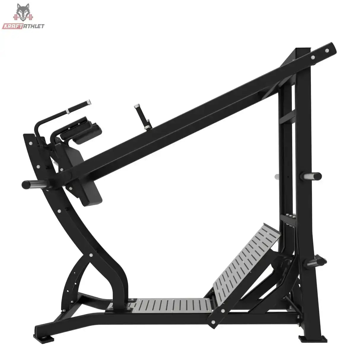 Titanium Strength Hack Squat Pendulum Pro Elite Series in Schwarz, Seitenansicht von links mit Pendelarm und Fußplatte