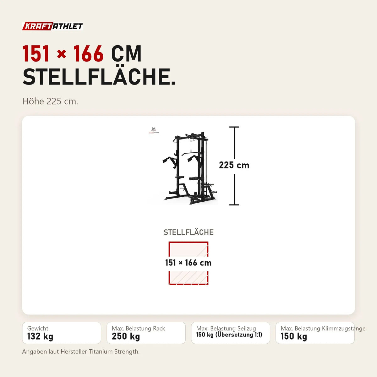 Maßbild Titanium Strength Half Rack AX60: Stellfläche 151 × 166 cm, Höhe 225 cm