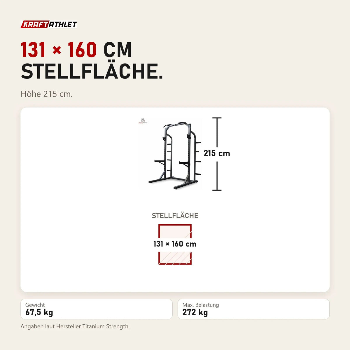 Maßbild Titanium Strength Half Rack H10: Stellfläche 131 × 160 cm, Höhe 215 cm