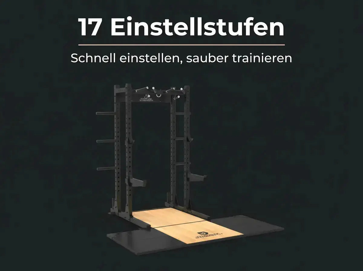Titanium Strength Half Rack TR60 mit Liftingplattform TP60 – Grafik zu den Einstellstufen des Racks auf der Plattform