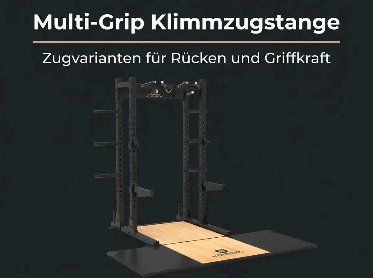 Titanium Strength Half Rack TR60 mit Liftingplattform TP60 – Grafik zur Multi-Grip Klimmzugstange am Rack