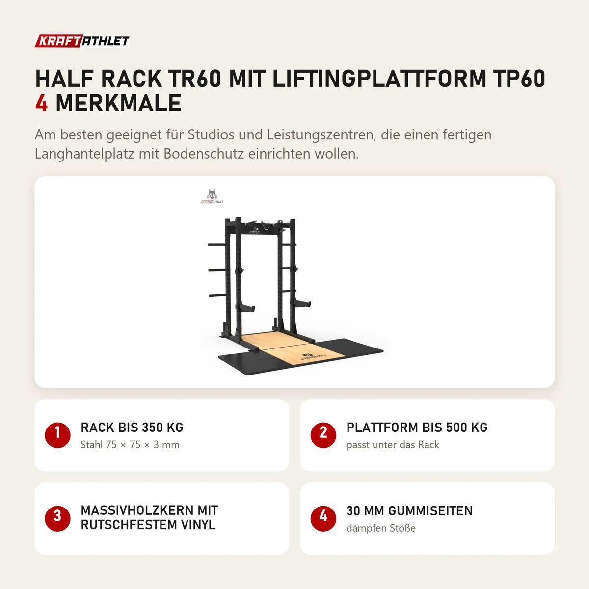 Titanium Strength Half Rack TR60 mit Liftingplattform TP60 mit 4 Merkmalen: Rack bis 350 kg, Plattform bis 500 kg, Massivholzkern mit rutschfestem Vinyl, 30 mm Gummiseiten