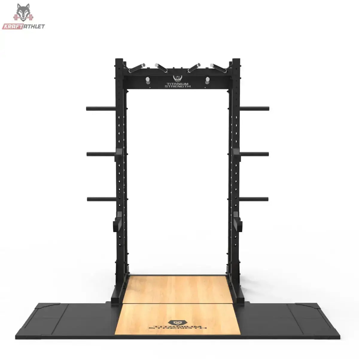 Titanium Strength Half Rack TR60 mit Liftingplattform TP60 – Frontansicht mit Holzplattform und Scheibenablagen