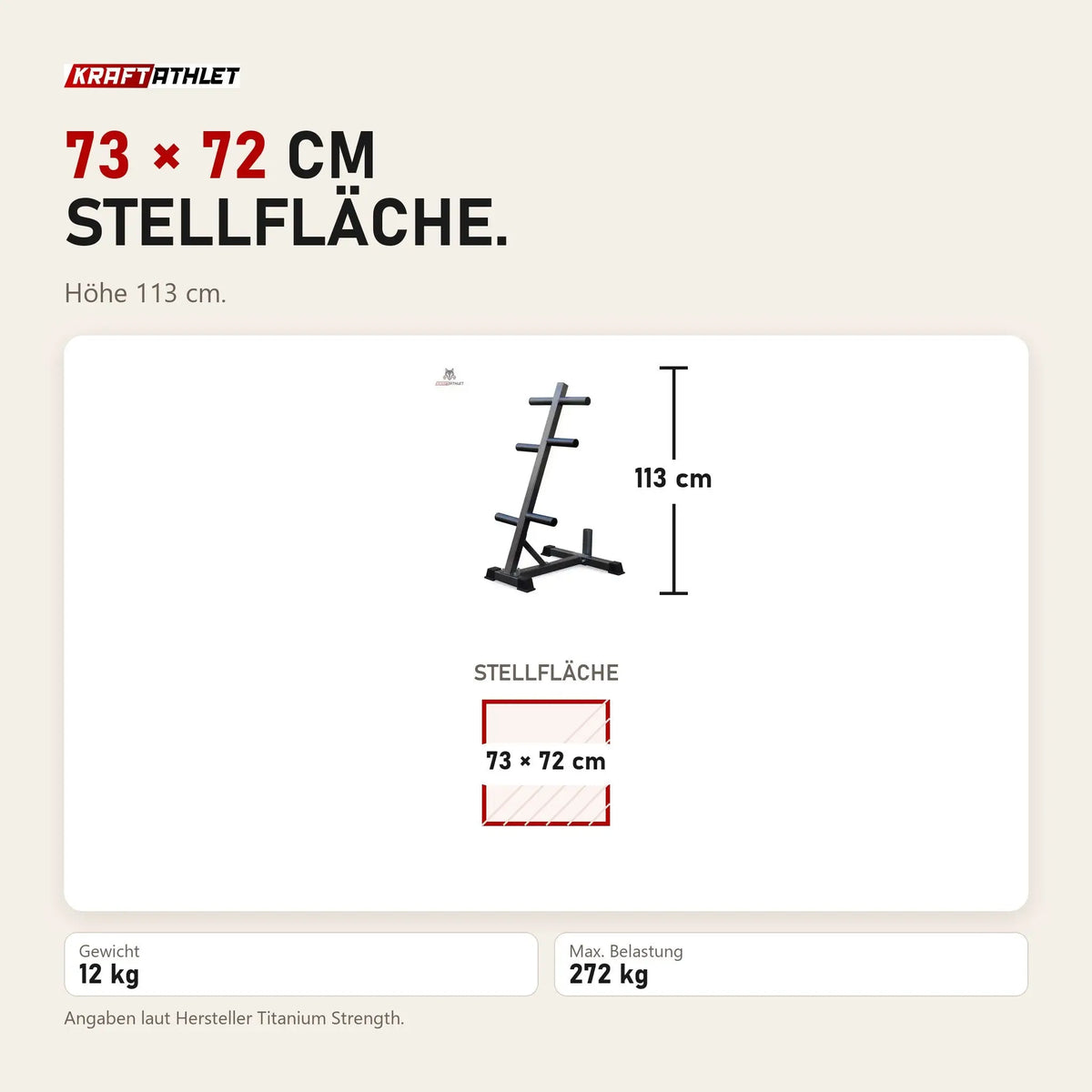 Maßbild Titanium Strength Hantelscheibenständer OPT: Stellfläche 73 × 72 cm, Höhe 113 cm