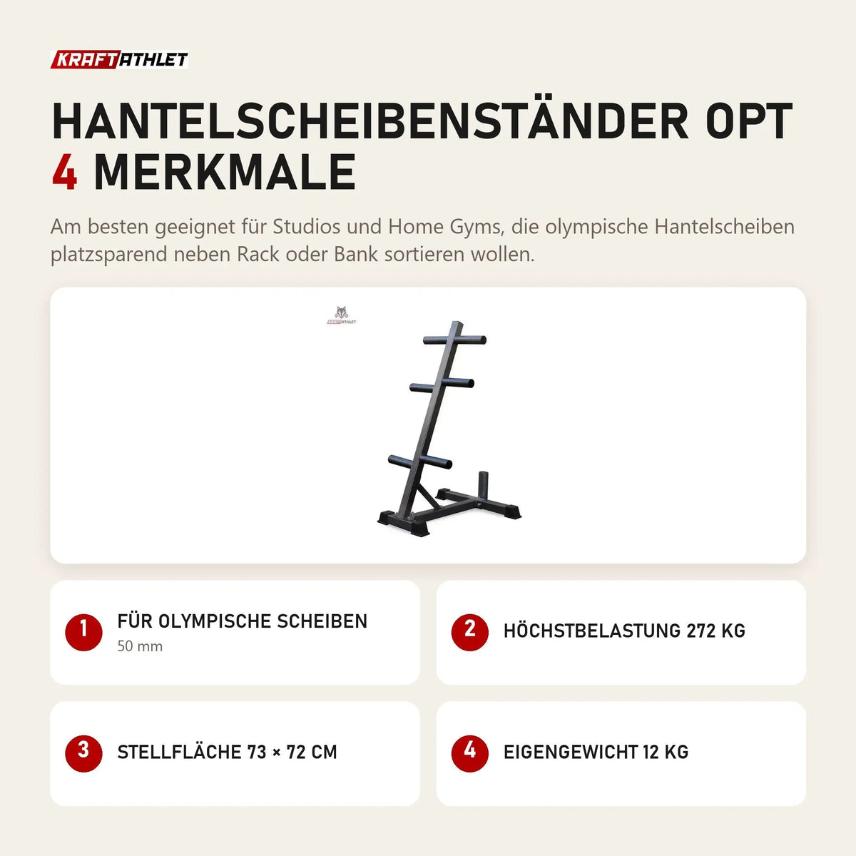 Titanium Strength Hantelscheibenständer OPT mit 4 Merkmalen: Für olympische Scheiben, Höchstbelastung 272 kg, Stellfläche 73 × 72 cm, Eigengewicht 12 kg