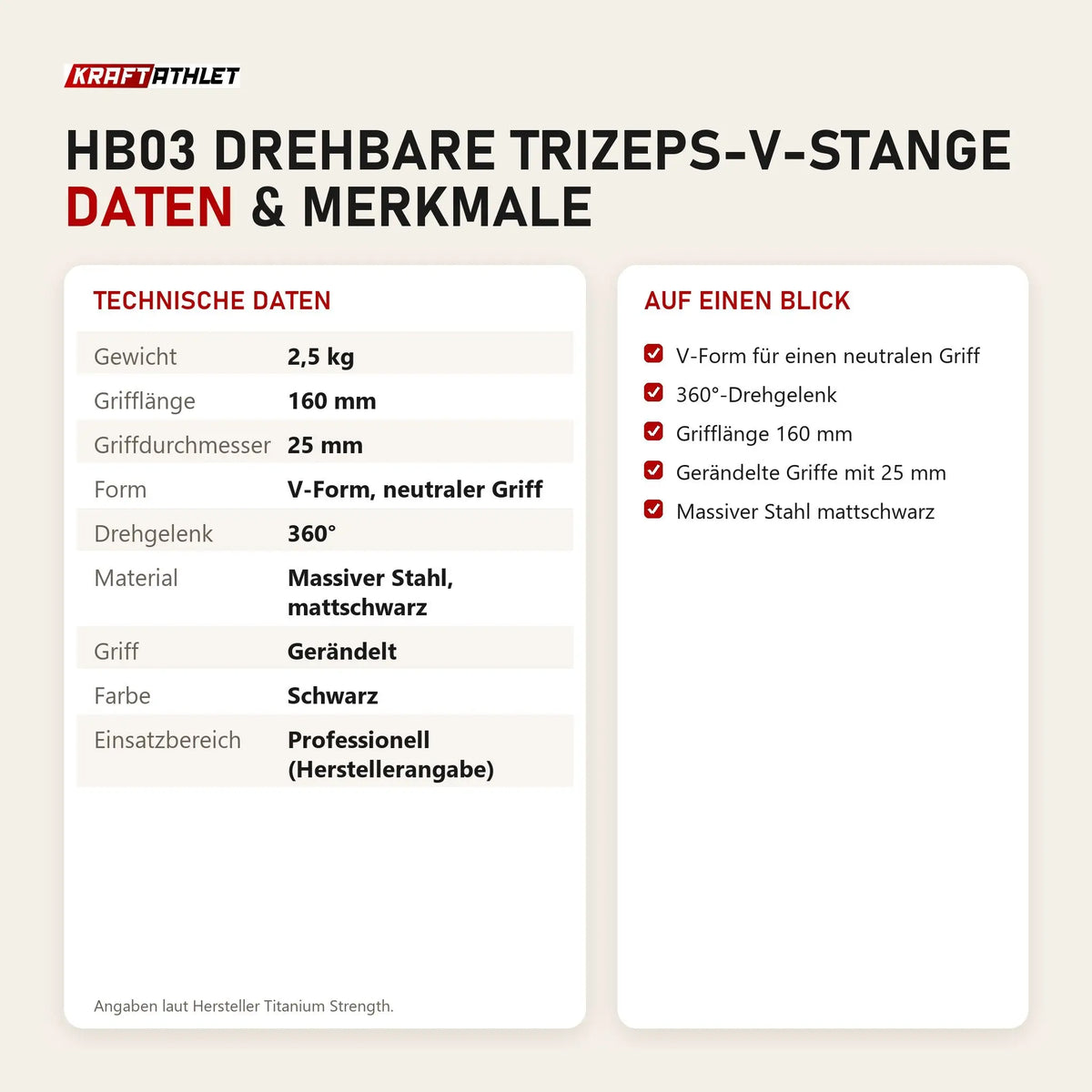Technische Daten und Merkmale von Titanium Strength HB03 Drehbare Trizeps-V-Stange als Tabelle