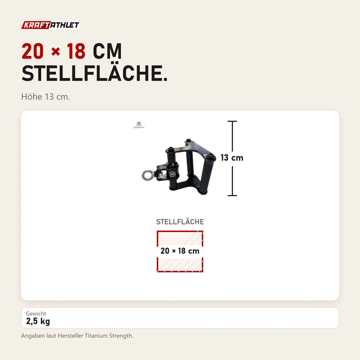 Maßbild Titanium Strength HB04 Drehbare Ruderstange / Klimmzuggriff: Stellfläche 20 × 18 cm, Höhe 13 cm
