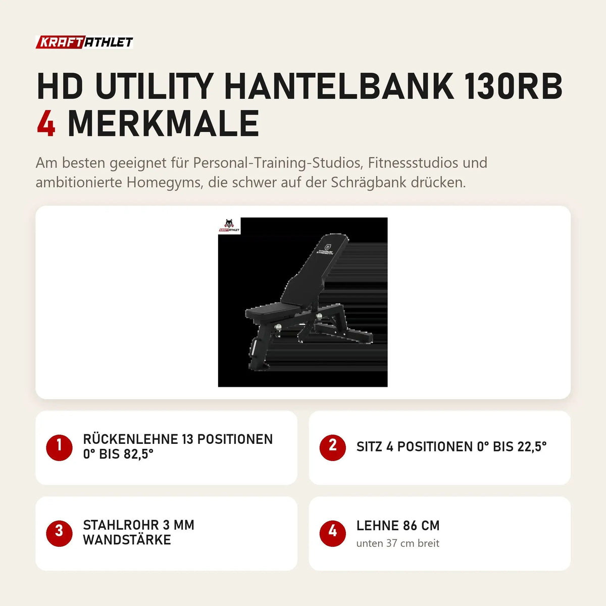 Titanium Strength HD Utility Hantelbank 130RB mit 4 Merkmalen: Rückenlehne 13 Positionen 0° bis 82,5°, Sitz 4 Positionen 0° bis 22,5°, Stahlrohr 3 mm Wandstärke, Lehne 86 cm