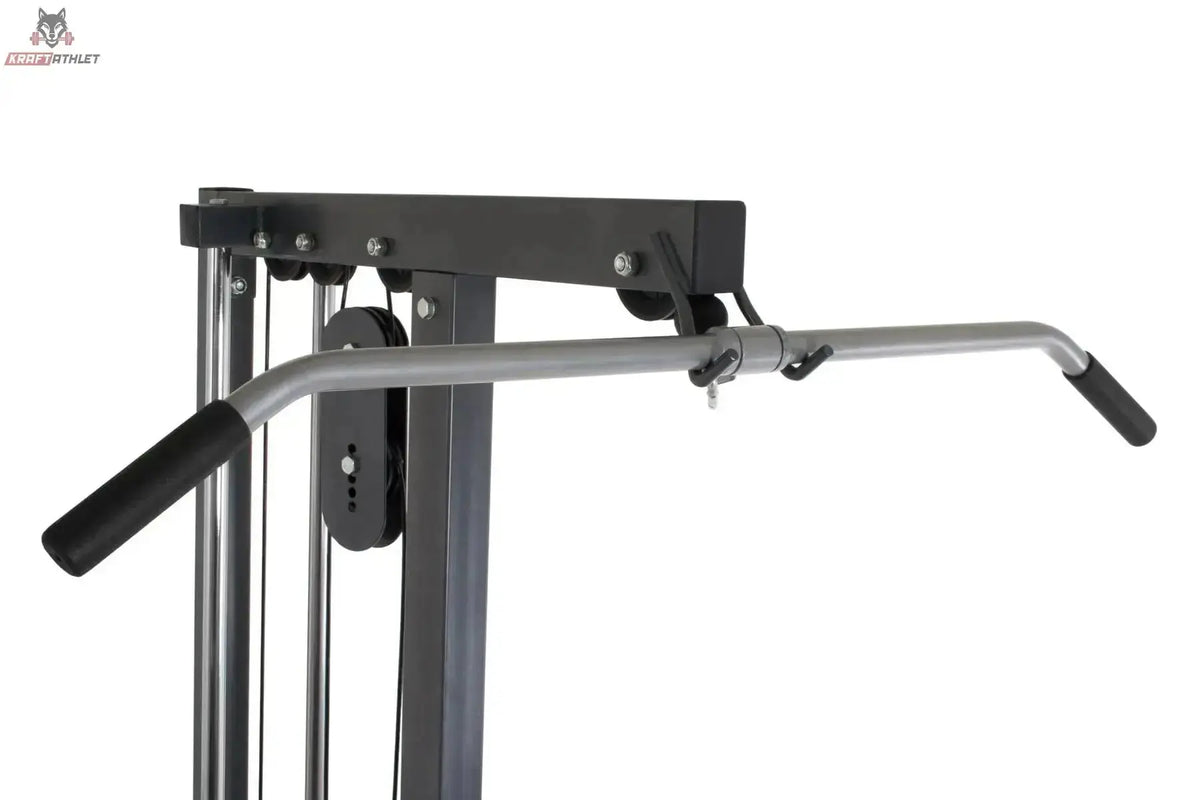 Titanium Strength High Lat / Row Machine PR50, Detail der gebogenen Latzugstange am oberen Ausleger