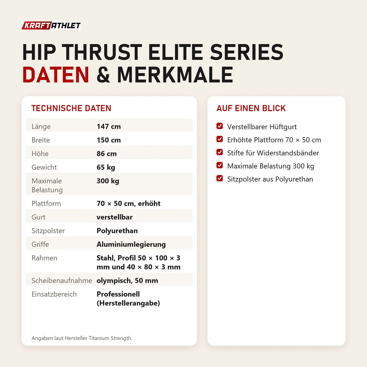 Technische Daten und Merkmale von Titanium Strength Hip Thrust Elite Series als Tabelle