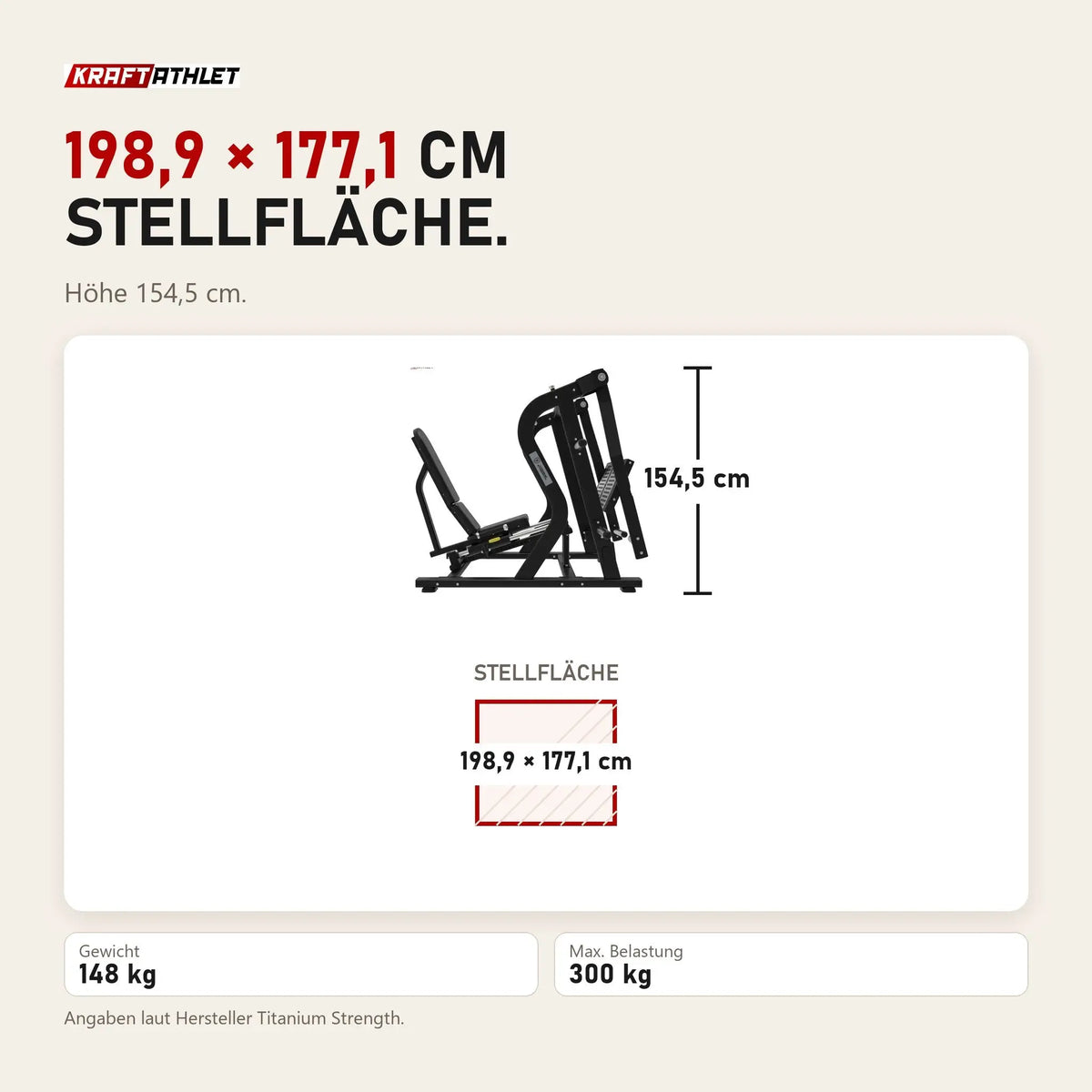 Maßbild Titanium Strength Horizontale Beinpresse Max: Stellfläche 198,9 × 177,1 cm, Höhe 154,5 cm